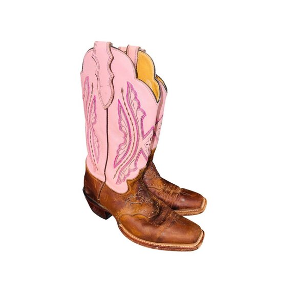 JUSTIN L2667 PINK TAN LEATHER SQUARE TOE COWBOY WESTERN COWGIRL GLAM BOOTS 7.5 - Picture 2 of 14